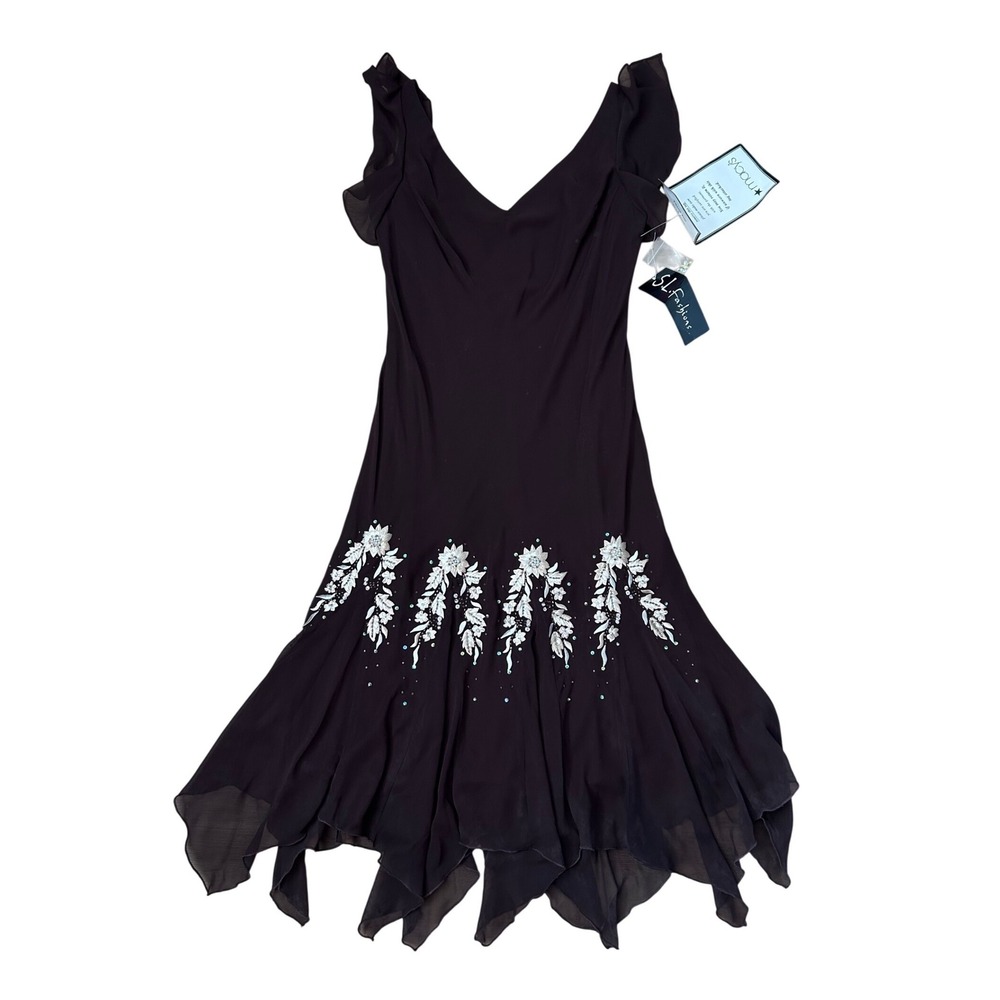Vintage 90s Brown Beaded Fairy Whimsical Dress Flounce Hem‎ 10 NWT Floral